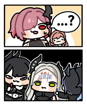 5girls armor bahamut_(nikke) behemoth_(nikke) black_armor black_bodysuit black_hair black_horns blush body_writing bodysuit boobplate breastplate breasts brown_hair chibi drawing_on_another's_face earclip forehead forehead_writing four_beasts_(nikke) goddess_of_victory:_nikke green_eyes grey_hair grey_streaks hair_over_one_eye heretics_(nikke) highres holding holding_marker horns hospital_gown large_breasts leviathan_(nikke) liquid_clothes long_hair malangtogle22 marker multiple_girls one_side_up only_one_(nikke) open_mouth pink_hair red_eyes shiny_eyes simple_background single_horn smile tic-tac-toe very_long_hair white_gown ziz_(nikke)