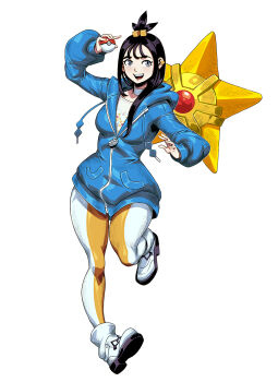 1girl black_hair blue_hoodie blush breasts cube_hair_ornament earclip full_body gen_1_pokemon genzoman grey_eyes hair_ornament highres holding holding_poke_ball hood hood_down hoodie leggings lida_(pokemon) long_hair long_sleeves looking_at_viewer medium_breasts nintendo open_mouth orange_leggings poke_ball poke_ball_(basic) pokemon pokemon_(creature) pokemon_legends:_z-a shirt simple_background smile staryu teeth topknot two-tone_legwear upper_teeth_only white_background white_leggings wispy_bangs