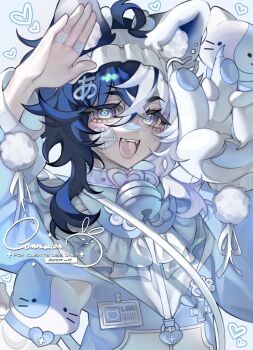 1other aegyo_sal animal_ear_fluff animal_ears arm_up bandaid bandaid_on_face bandaid_on_nose bell blue_eyes blue_hair blue_jacket commentary commission crossed_bangs double-parted_bangs english_commentary fangs frilled_jacket frills hair_between_eyes hair_ornament heart highres jacket jingle_bell kurase_07 long_sleeves looking_at_viewer medium_hair multicolored_hair open_mouth original pom_pom_(clothes) simple_background smile solo split-color_hair stuffed_animal stuffed_cat stuffed_toy tongue two-tone_hair upper_body vgen_commission white_background zipper zipper_pull_tab