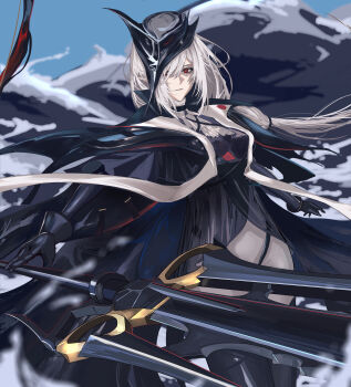 Rule 34 | 1girl, absurdres, arknights, ascot, black boots, black cape, black dress, black gloves, black hat, boots, cape, closed mouth, commentary request, cowboy shot, dress, etobane, gladiia (arknights), gloves, grey pants, hair over one eye, hat, highres, holding, holding polearm, holding weapon, long hair, looking at viewer, low-tied long hair, pants, pointy ears, polearm, red eyes, solo, thigh boots, trident, weapon, white ascot, white hair