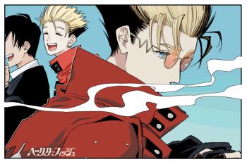 2boys black_hair black_jacket blonde_hair blue_eyes border closed_eyes coat commentary_request eyelashes highres jacket male_focus mole mole_under_eye multiple_boys nicholas_d._wolfwood open_mouth pink-tinted_eyewear popped_collar red_coat rimless_eyewear round_eyewear shirt smile suit_jacket teeth tinted_eyewear trigun upper_teeth_only vash_the_stampede white_border white_shirt woda05