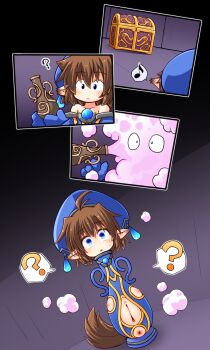 1girl :o ? absurdres anus black_eyes black_hair blue_eyes blue_hat censored cleft_of_venus female_focus hat highres humiliation kso loli magic musical_note nipples objectification original pointy_ears pussy smoke solo spoken_musical_note spoken_question_mark tail transformation treasure_chest vase what