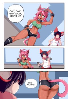 1boy 1girl :3 absurdres animal_ears ass bat_ears bat_wings breasts cat_ears cat_girl cat_tail colored_skin curvy dark-skinned_female dark_skin english_text furry furry_female green_eyes gym_uniform hetero highres huge_ass large_breasts looking_at_another looking_at_ass low_twintails lucyfer monster_boy navel nikki_(kevin_ku) open_mouth original revealing_clothes roy_(lucyfer) sequential shiny_skin short_hair short_shorts shorts simple_background smile standing sweat sweatdrop tail training twintails upper_body white_skin wide_hips wings