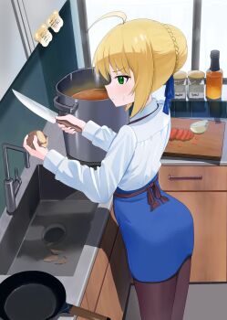 1girl artoria_pendragon_(fate) ass black_pantyhose blonde_hair blue_ribbon blue_skirt blush braid braided_bun closed_mouth cooking dust_bunny_(dtky5772) fate/stay_night fate_(series) from_side green_eyes hair_bun hair_ribbon highres holding holding_knife knife pantyhose peeling potato ribbon saber_(fate) shirt skirt solo standing sweat white_shirt