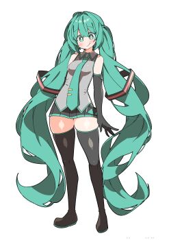 Rule 34 | 1girl, absurdres, aqua eyes, aqua hair, aqua necktie, aqua trim, arm at side, bare shoulders, black boots, black skirt, blush, boots, breasts, bright pupils, closed mouth, collared shirt, colored shoe soles, commentary, full body, grey shirt, hair between eyes, hair ornament, hatsune miku, highres, long hair, looking at viewer, miniskirt, necktie, no nose, pleated skirt, raised eyebrows, shirt, simple background, skirt, sleeveless, sleeveless shirt, small breasts, smile, solo, standing, thick lineart, thick thighs, thigh boots, thighhighs, thighs, tie clip, twintails, uruti 2388, very long hair, vocaloid, white background, white pupils, zettai ryouiki