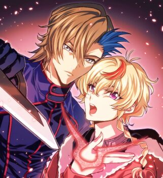 1boy 1girl ash_phoenix blonde_hair braid brothers close-up closed_mouth code_geass code_geass:_dakkan_no_roze commentary_request geass gloves grey_eyes hair_between_eyes hand_up highres holding holding_weapon hood hood_down jacket leaning_on_person leaning_to_the_side long_sleeves looking_at_viewer looking_to_the_side multicolored_background multicolored_hair multiple_boys open_mouth purple_eyes red_background roze_(code_geass) short_hair siblings side_braid single_braid soubi1022 standing streaked_hair sumeragi_sakuya teeth upper_teeth_only weapon