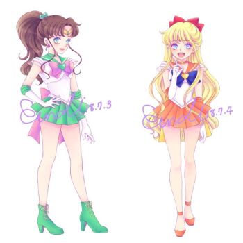 2girls aino_minako bishoujo_senshi_sailor_moon blue_eyes blunt_bangs boots choker commentary_request dated eundi_ed full_body gloves green_boots green_skirt hand_on_own_hip high_heels kino_makoto korean_commentary magical_girl multiple_girls orange_skirt ponytail sailor_jupiter sailor_senshi_uniform sailor_venus simple_background skirt smile white_background white_gloves