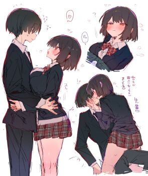 1boy 1girl black_hair black_jacket black_pants blush bow bowtie breast_press breasts bunchi closed_mouth commentary_request flying_sweatdrops hands_on_another's_face hands_on_another's_waist heart hetero highres jacket large_breasts long_sleeves looking_at_another loving_aura miniskirt multiple_views open_mouth original pants red_bow red_bowtie red_eyes red_skirt short_hair simple_background skirt spoken_heart straddling white_background