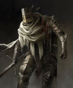 1boy absurdres armor arrow_(projectile) arrow_in_body arrow_in_head cloak commentary dark_souls_(series) dark_souls_ii english_commentary feet_out_of_frame gauntlets grey_theme heide_knight helm helmet highres holding holding_sword holding_weapon knight male_focus object_through_head rioyudha22 solo spiked_armor spikes sword weapon white_cloak
