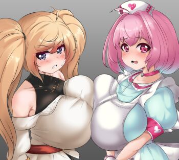 2girls ahoge apron bare_shoulders black_shirt blonde_hair blue_dress blue_hair blush breast_press breasts choker dress gradient_background granblue_fantasy hat heart huge_breasts idolmaster idolmaster_cinderella_girls long_hair monika_weisswind multicolored_hair multiple_girls nurse_cap pink_choker pink_hair pldf shirt short_hair sweat symmetrical_docking twintails two-tone_hair white_apron white_dress yumemi_riamu