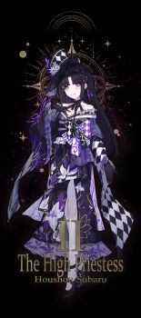 1girl absurdres ahoge awa_subaru black_background black_gloves black_hair black_hat black_shoes blush chinese_commentary commentary_request cosplay floral_print full_body girls_band_cry gloves gradient_background hair_ornament hand_on_own_chest hat highres housho_margo housho_margo_(cosplay) japanese_clothes kimono long_hair mahou_shoujo_no_majo_saiban off_shoulder open_mouth parted_bangs purple_eyes purple_kimono shoes solo yun_cao_bing