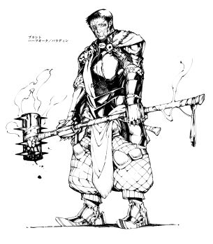 1boy armor chest_plate chomoran faulds gauntlets greaves greyscale half-orc hammer highres male_focus monochrome pauldrons scar short_hair shoulder_armor skull solo translated tusks war_hammer warhammer weapon