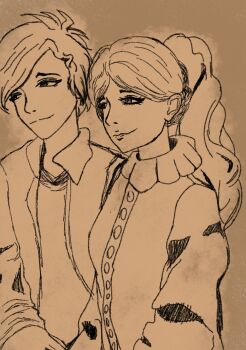 1boy 1girl absurdres artist_logo artist_self-insert artist_self-reference character_name highres lineart logo long_hair non-web_source official_alternate_costume official_art original outline scene_reference short_hair simple_background sketch