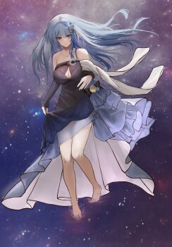 Rule 34 | 1girl, absurdres, alc.3vol, barefoot, blue eyes, blue hair, breasts, cleavage, dress, girls' frontline, girls' frontline neural cloud, hair ornament, highres, hubble (ever-radiant star) (neural cloud), hubble (neural cloud), jewelry, large breasts, light blue hair, multicolored hair, official alternate costume, ring, smile, solo, space, streaked hair