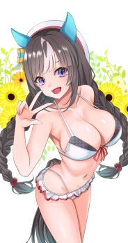 Rule 34 | 1girl, animal ears, bare shoulders, beret, bikini, blush, braid, breasts, brown hair, cleavage, collarbone, commentary request, ear covers, flower, hat, hokko tarumae (umamusume), horse ears, horse girl, horse tail, large breasts, long braid, long hair, looking at viewer, multicolored hair, navel, open mouth, purple eyes, reishi (litvyak), smile, solo, stomach, striped hair, sunflower, swimsuit, tail, twin braids, umamusume, w, white bikini, white hair, white hat