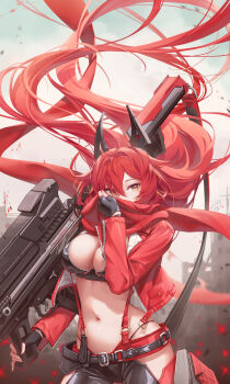 1girl aeon_ion anti-materiel_rifle black_gloves clothing_cutout commentary_request covering_own_mouth cropped_jacket gloves goddess_of_victory:_nikke gun highres hip_vent holding holding_gun holding_weapon horns jacket latex_bikini leather leather_jacket leather_pants leg_cutout long_hair long_sleeves mechanical_horns navel pants red_hair red_hood_(nikke) red_jacket red_scarf rifle scarf sniper_rifle solo unzipped very_long_hair weapon yellow_eyes