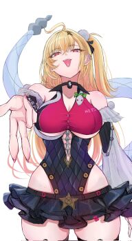 Rule 34 | 1girl, ahoge, bare shoulders, black skirt, blonde hair, bow, breasts, cissia (zenless zone zero), cleavage cutout, clothing cutout, commentary request, cowboy shot, crossed bangs, detached sleeves, earclip, fingernails, green bow, hair between eyes, half-closed eyes, highres, long hair, looking at viewer, medium breasts, microskirt, open mouth, penguintake, pink nails, rattlesnake, red eyes, simple background, sketch, skirt, snake, snake tail, solo, tail, underboob, w, white background, white snake, zenless zone zero