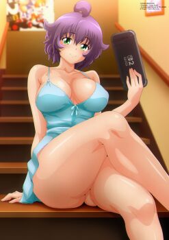 Rule 34 | 1girl, absurdres, ahoge, arm support, blue dress, blush, breasts, cleavage, collarbone, crossed legs, dress, green eyes, handheld game console, highres, holding, holding handheld game console, large breasts, looking at viewer, nintendo, nintendo switch 2, original, panties, panty peek, picture frame, pink panties, poster (object), purple hair, sega, short hair, sitting, sleeveless, sleeveless dress, smile, sonic (series), sonic the hedgehog, sonic the hedgehog (classic), sonic the hedgehog 2, stairs, tails (sonic), underwear, yukino akaihi, yukino memories, zel-sama