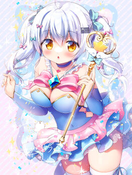 1girl ahoge bare_shoulders between_fingers blue_bow blue_dress blush bow breasts bridal_gauntlets brooch brown_eyes chestnut_mouth cleavage commentary_request confetti covered_navel diagonal-striped_background dress grey_hair hair_between_eyes hair_bow hair_ornament hairclip highres holding holding_wand jewelry large_breasts layered_dress long_hair looking_at_viewer magical_girl navel original parted_lips pink_bow pleated_dress sasai_saji solo star_(symbol) striped_background thighhighs twintails wand white_thighhighs