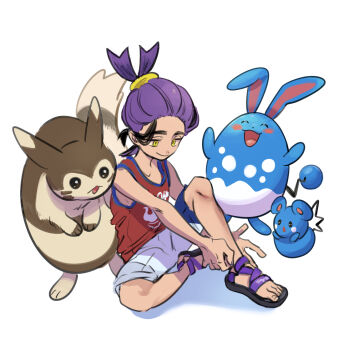 1boy assassinookayu azumarill azurill black_hair closed_mouth full_body gen_2_pokemon gen_3_pokemon kieran_(pokemon) male_focus multicolored_hair nintendo pokemon pokemon_(creature) pokemon_sv purple_hair red_tank_top sandals shorts sitting solo tank_top white_background yellow_eyes