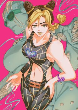 Rule 34 | 2girls, absurdres, bare shoulders, black hair, blonde hair, braid, braided bun, breasts, bun with braided base, collarbone, cone hair bun, double bun, fingernails, floating hair, green eyes, green lips, green nails, hair bun, hair intakes, highres, ice morinaka, jojo no kimyou na bouken, kuujou jolyne, long hair, medium breasts, multicolored hair, multiple girls, nail polish, navel, pink background, spider web print, stand (jojo), stone free, stone ocean, twitter username, two-tone hair