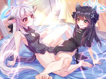 animal_ears barefoot black_dress black_hair blue_archive blush closed_mouth commentary_request curtains day dress green_eyes grey_hair halo highres incest kokona_(blue_archive) korean_commentary long_hair marin704 on_bed paid_reward_available parted_lips purple_eyes shun_(blue_archive) siblings sisters smile sunlight tribadism tribadism_through_clothes yuri