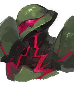 Rule 34 | 1girl, 33dot, absurdres, armor, assault visor, green armor, highres, metroid, metroid dread, metroid suit, multicolored armor, nintendo, power armor, power suit (metroid), red visor, samus aran, simple background, white background
