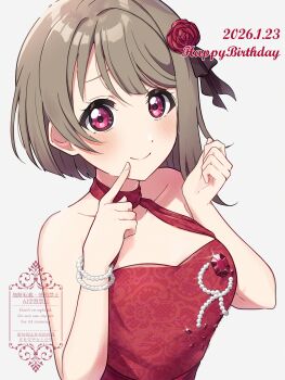 1girl absurdres birthday blush bracelet breasts collarbone commentary dated dress english_text flower grey_hair hair_flower hair_ornament happy_birthday highres jewelry kyaku_tasu looking_at_viewer love_live! love_live!_nijigasaki_high_school_idol_club nakasu_kasumi poking_self red_dress red_eyes short_hair small_breasts solo watermark white_background