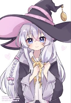 1girl artist_name black_coat black_hat blue_eyes blush bow bowtie braid closed_mouth coat collared_shirt commentary crossed_bangs elaina_(majo_no_tabitabi) grey_hair hair_between_eyes hair_bow hands_up hat highres long_hair long_sleeves looking_at_viewer majo_no_tabitabi open_clothes open_coat pink_bow shirt simple_background single_braid smile solo symbol-only_commentary upper_body watermark white_background white_shirt wide_sleeves witch_hat yellow_bow yellow_bowtie yukomeow