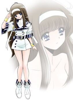 Rule 34 | 1girl, at lady!, automatic-tec 7, belt, black belt, blue eyes, boots, breasts, brown hair, buttons, collarbone, commentary request, cropped torso, double-breasted, full body, gold bracer, hairband, hand up, head tilt, jacket, long hair, looking at viewer, medium breasts, miniskirt, multiple views, nude, official artist extra, okano takeshi, open mouth, parted lips, projected inset, salute, shirt, skirt, sleeve cuffs, smile, standing, white background, white boots, white hairband, white jacket, white shirt, white skirt