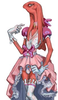 Rule 34 | 1boy, allan (smiling friends), bell, bulge, choker, colored skin, cosplay, covered erect nipples, crossdressing, crossdressing (mtf), gloves, highres, male focus, mossacannibalis, neck bell, panties, puffy short sleeves, puffy sleeves, red skin, ribs, short sleeves, showgirl skirt, simple background, smiling friends, solo, thighhighs, underwear, white background, white gloves, white panties, white thighhighs