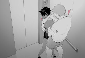 1boy 1girl breasts chikan clothes_lift dark-skinned_female dark_skin elevator grabbing_another's_breast groping large_breasts micchan_(ohisashiburi) molestation nipples ohisashiburi original shirt_lift short_hair sweat