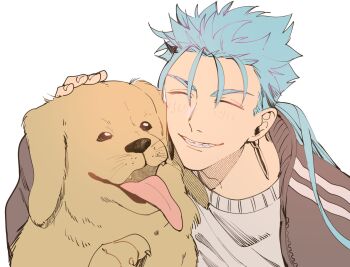 Rule 34 | 1boy, animal, animal ears, animal nose, black jacket, blue hair, blush, brown fur, claws, closed eyes, commentary request, cu chulainn (caster) (fate), cu chulainn (fate), dog, dog ears, earrings, fangs, fate/grand order, fate (series), fingernails, hair between eyes, hand up, highres, jacket, jewelry, long hair, long sleeves, looking at another, low ponytail, male focus, open clothes, open jacket, open mouth, pet, petting, ponytail, puffy long sleeves, puffy sleeves, ryousuke (tukr5384), sharp teeth, shirt, simple background, smile, t-shirt, teeth, tongue, tongue out, track jacket, upper body, v-shaped eyebrows, white background, white shirt