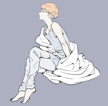 Rule 34 | 1boy, asuka ryou, bare shoulders, barefoot, blanket, blonde hair, blue eyes, capri pants, chinese commentary, collarbone, commentary request, devilman, devilman crybaby, full body, grey background, grey pants, grey tank top, huziqunzi, male focus, pants, parted lips, profile, short hair, simple background, solo, tank top