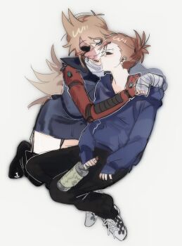 2girls alcohol animification bandaged_arm bandaged_neck bandages black_boots black_pants blue_dress blue_hoodie boots bottle breasts brown_hair burn_scar checkered_shoes cleavage commentary cosplay couple dress eddsworld english_commentary eyepatch future_tord_(eddsworld) future_tord_(eddsworld)_(cosplay) genderswap genderswap_(mtf) giotletranly hair_ears highres holding holding_bottle hollow_eyes hood hood_down hoodie hug long_hair long_sleeves looking_at_another mechanical_arms medium_breasts multiple_girls pants scar scar_on_face self_cosplay short_hair simple_background single_mechanical_arm smile tamara_(eddsworld) topknot tord_(eddsworld) tori_(eddsworld) white_background yuri