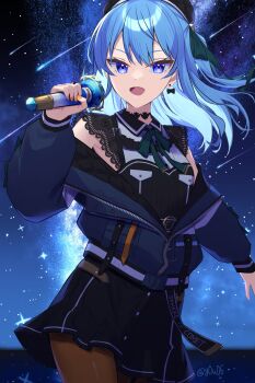 1girl aqua_hair arm_up belt beret black_belt black_choker black_dress black_hat blue_bow blue_eyes blue_hair bow bow_earrings choker collared_dress commentary_request dress earrings fingernails hair_between_eyes hair_bow hat highres holding holding_microphone hololive hoshimachi_suisei hoshimachi_suisei_(casual) idol jacket jewelry lace lace-trimmed_sleeves lace_choker lace_trim long_hair long_sleeves looking_at_viewer microphone multicolored_hair multicolored_jacket nail_polish night official_alternate_costume open_mouth orange_nails partially_unzipped quilted_headwear quilted_jacket shooting_star sky smile solo star_(sky) star_(symbol) star_in_eye starry_sky symbol_in_eye two-tone_jacket virtual_youtuber you06