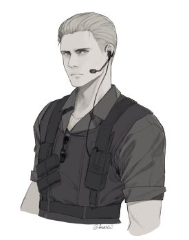 1boy albert_wesker artist_name belt closed_mouth collared_shirt cropped_torso earpiece greyscale highres kurumi031212 looking_at_viewer male_focus monochrome radio resident_evil shirt short_hair short_sleeves simple_background solo sunglasses suspenders unworn_eyewear very_short_hair vest