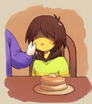 1girl 1other ahoge blush brown_hair chair cheek_squash colored_skin commentary_request deltarune food green_sweater head_out_of_frame kris_(deltarune) no_eyes open_mouth pancake pancake_stack plate purple_sweater shaded_face short_hair simple_background sitting striped_clothes striped_sweater sweater table toofu toriel utdr_(toby_fox) yellow_skin