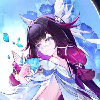 1girl bare_shoulders black_hair blue_flower closed_mouth columbina_(genshin_impact) commentary_request dress eye_mask flower genshin_impact gradient_hair hair_ornament hanayabaka long_hair looking_at_viewer mask multicolored_hair petals purple_eyes purple_hair smile solo streaked_hair upper_body wing_hair_ornament