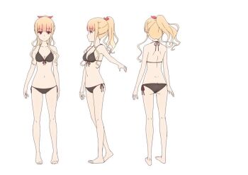 1girl ass bikini black_bikini blonde_hair butt_crack expressionless koizumi_(ramen_daisuki_koizumi-san) looking_at_viewer ramen_daisuki_koizumi-san red_eyes ribbon simple_background source_request swimsuit tagme white_background