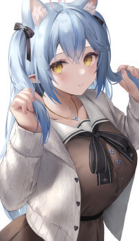 1girl absurdres ahoge animal_ears black_ribbon blue_hair blush breasts brown_dress cat_ears collarbone crossed_bangs dress hair_between_eyes hair_ribbon heart heart_ahoge hibimaru highres holding holding_own_hair hololive ice_crystal jewelry large_breasts long_hair long_sleeves looking_at_viewer neck_ribbon necklace ribbon simple_background solo sweater two_side_up virtual_youtuber white_background yellow_eyes yukihana_lamy yukihana_lamy_(casual)