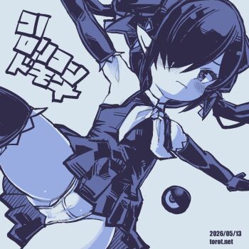 1girl armpits backbeako_(torotei) backbeard bare_shoulders blue_background blue_theme blush closed_mouth commentary cowboy_shot crotch_seam dated dated_commentary dress dutch_angle elbow_gloves gegege_no_kitarou gloves hair_over_one_eye hair_ribbon kono_lolicon_domome leg_up light_frown loli long_hair looking_at_viewer monochrome neckerchief original outstretched_arms paid_reward_available panties pantyshot pointy_ears ribbon simple_background sleeveless sleeveless_dress solo spread_arms standing standing_on_one_leg thighhighs thighs torotei translated twintails underwear watermark web_address