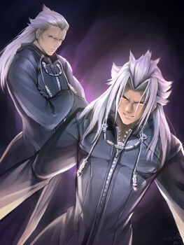 Rule 34 | 2boys, absurdres, ansem seeker of darkness, black coat (kingdom hearts), commentary request, crossed arms, dark-skinned male, dark skin, dated, dutch angle, evil grin, evil smile, furrowed brow, gogo (detteiu de), grey hair, grin, hair intakes, hair slicked back, highres, hood, hood down, hooded coat, kingdom hearts, kingdom hearts iii, long hair, male focus, multiple boys, orange eyes, parted bangs, purple background, serious, signature, smile, upper body, xemnas, zipper