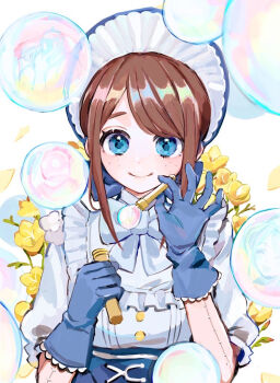 1girl blue_bonnet blue_corset blue_eyes blue_gloves bonnet bow brown_hair bubble c: corset emma_woods emma_woods_(boudoir_dream) floral_background flower flower_request freckles freesia_(flower) frilled_bonnet frilled_shirt_collar frills gloves hoge_(n8sss) identity_v lolita_fashion looking_at_viewer official_alternate_costume side_part sidelocks smile soap_bubbles solo straight-on upper_body white_bow yellow_flower
