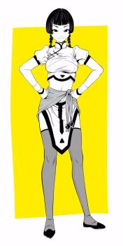 1girl blunt_bangs blunt_ends braid breasts chinese_clothes commentary_request crop_top greyscale_with_colored_background hands_on_own_hips highres lee_(dragon_garou) low_twin_braids medium_breasts midriff miniskirt original pelvic_curtain puffy_short_sleeves puffy_sleeves short_sleeves side_slit skirt smile solo thighhighs twin_braids yellow_background