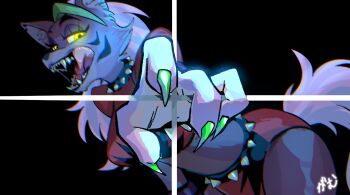 1girl belt choker commentary crop_top fingernails five_nights_at_freddy's five_nights_at_freddy's:_security_breach furry grape_gumgum green_nails licking_lips long_hair looking_at_viewer pants purple_fur red_pants red_shirt roxanne_wolf roxanne_wolf_(fnaf) sharp_fingernails shirt snout solo spiked_belt spiked_choker spikes studded_belt symbol-only_commentary thumbnail_collage tongue tongue_out wolf_girl yellow_eyes