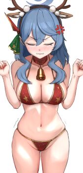 1girl absurdres ako_(blue_archive) anger_vein bare_arms bare_shoulders bell belt_collar bikini blue_archive blue_hair blue_halo breasts cleavage closed_eyes collar collarbone commentary_request crescent_halo fake_antlers flambe_(tyoitohikkosi07) hair_over_shoulder halo highres large_breasts neck_bell parted_lips red_bikini simple_background solo swimsuit