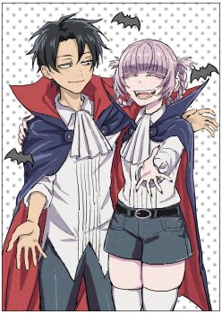 1boy 1girl absurdres bat_(animal) belt black_hair braid cape closed_eyes fangs fingernails highres long_fingernails nanakusa_nazuna_(yofukashi_no_uta) open_mouth pink_hair reiquant short_hair shorts thighs twin_braids vampire yamori_kou yofukashi_no_uta