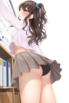 1girl arm_up ass black_panties blue_eyes blue_scrunchie blush bookshelf brown_hair bulletin_board commentary_request cowboy_shot crotch_seam floral_print from_below from_side grey_skirt hair_ornament hair_scrunchie highres long_hair long_sleeves looking_at_object median_furrow minato_ojitan miniskirt one_side_up open_mouth original panties pantyshot picot_trim_panties pleated_skirt print_scrunchie school_uniform scrunchie shirt sidelocks simple_background skirt solo standing underwear upskirt wavy_hair white_background white_shirt x_hair_ornament