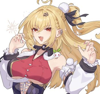 Rule 34 | 1girl, ahoge, bare shoulders, blonde hair, bow, breasts, cissia (zenless zone zero), cleavage, collarbone, detached sleeves, fangs, fingernails, green bow, hair between eyes, hands up, highres, large breasts, long hair, looking at viewer, open mouth, pink nails, ponytail, red eyes, shock collar, simple background, snake, solo, suwa (swk kkk), underboob, upper body, white background, white snake, zenless zone zero